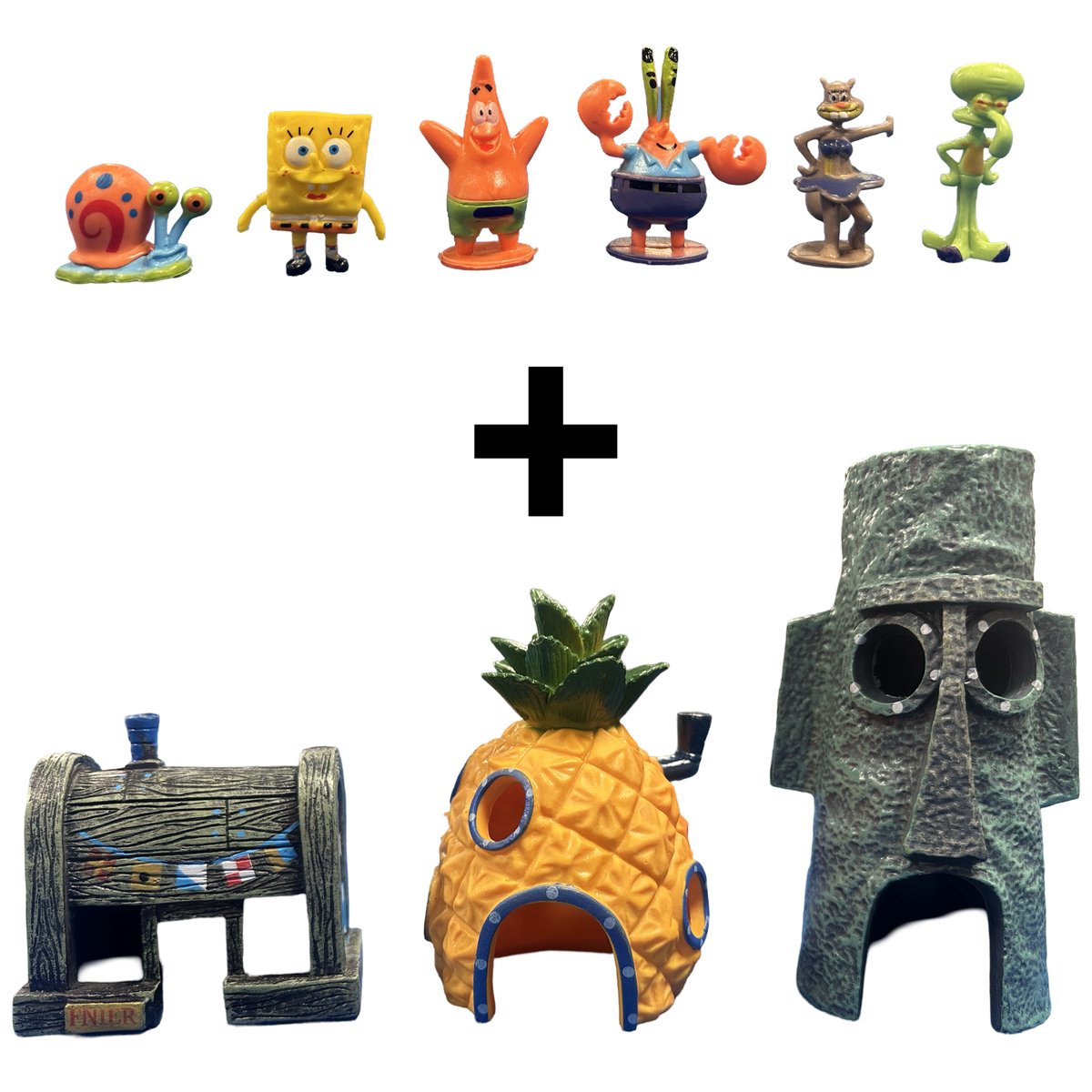 Aqua-Loui® - Aquarium Decoratie - Spongebob Ornamenten - Complete set van 3 huisjes en 6 poppetjes