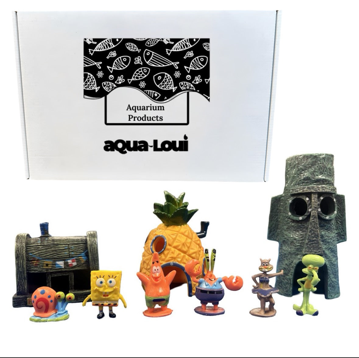 Aqua-Loui® - Aquarium Decoratie - Spongebob Ornamenten - Complete set van 3 huisjes en 6 poppetjes