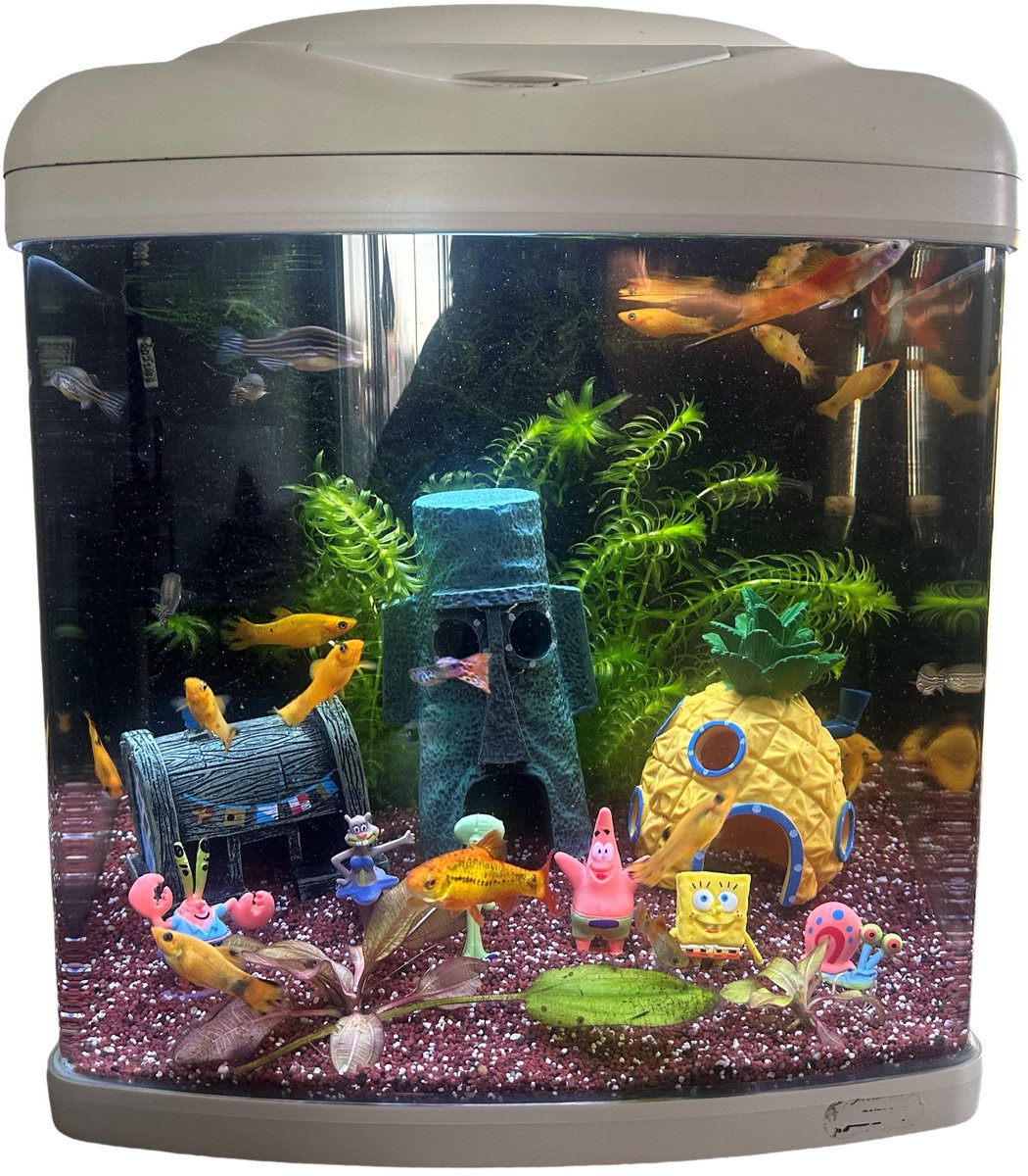 Aqua-Loui® - Aquarium Decoratie - Spongebob Ornamenten - Complete set van 3 huisjes en 6 poppetjes