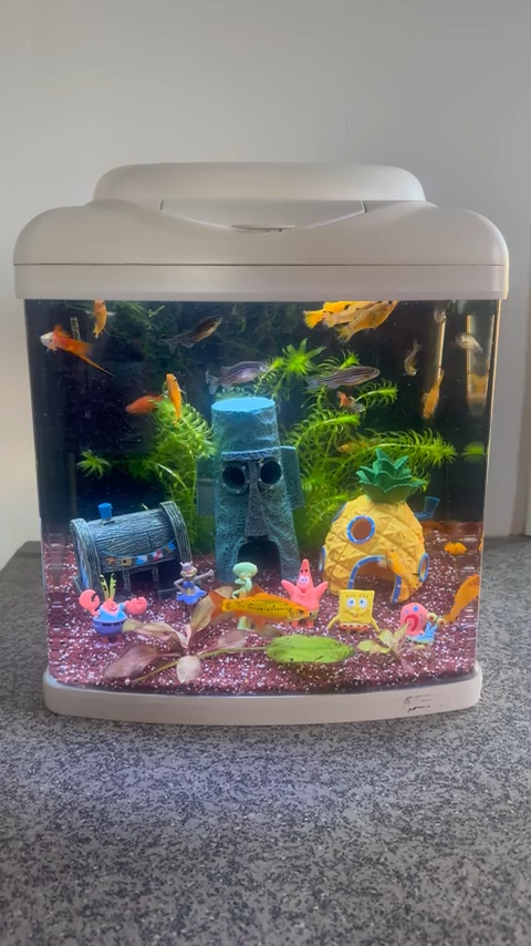 Aqua-Loui® - Aquarium Decoratie - Spongebob Ornamenten - Complete set van 3 huisjes en 6 poppetjes