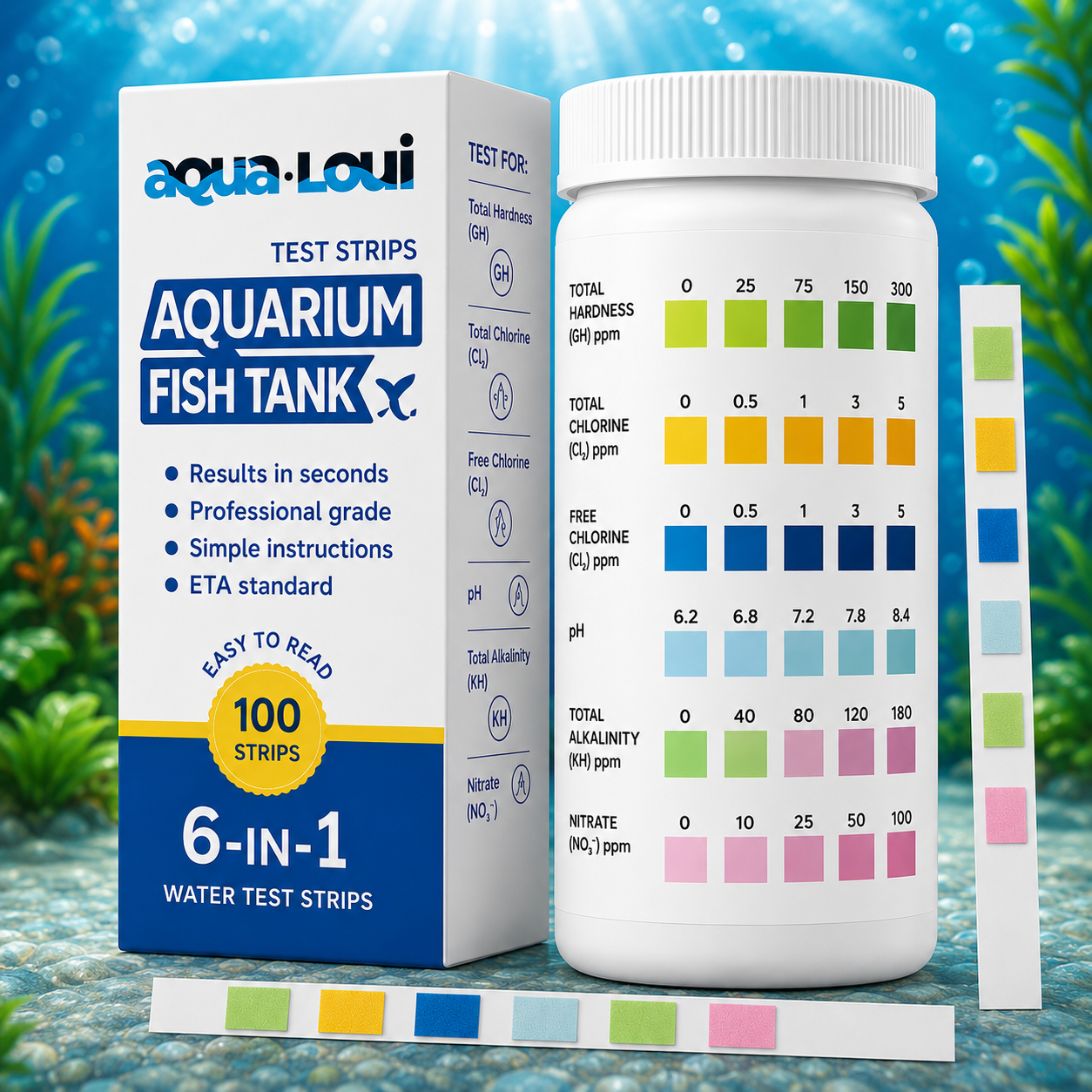 Aqua-Loui® - Water Teststrips - 100 Stuks - Test Strips Water - Water Test Strips Aquarium - Voor Aquarium & Zwembad - pH, GH, KH, Nitriet, Nitraat & Chloor - Complete Waterkwaliteitstest