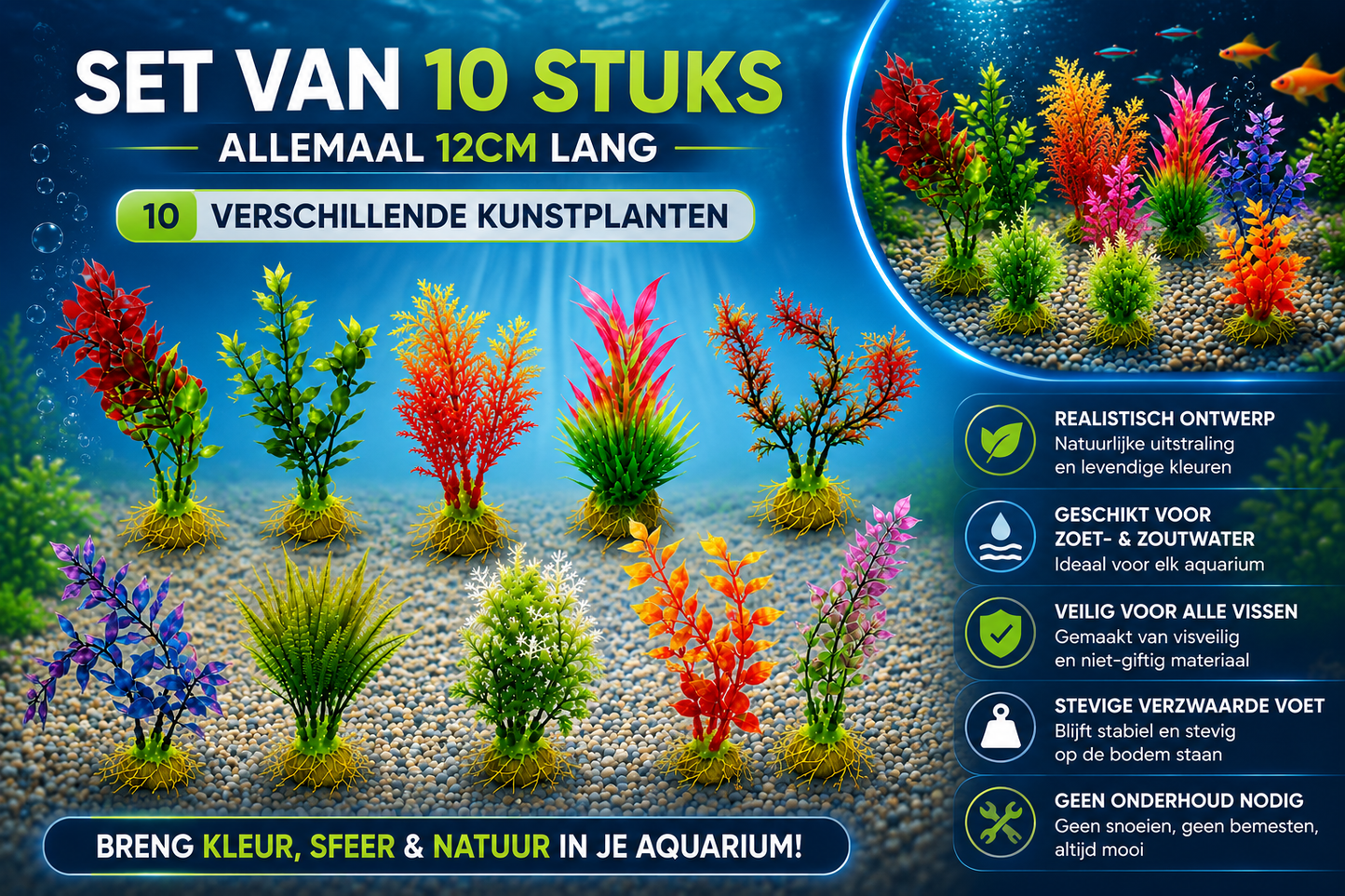 Aquarium Kunstplanten - Set van 10 - 12 cm - Kunst Aquarium Planten - Aquarium Decoratie - Voor Zoet- & Zoutwater - Aqua-Loui®
