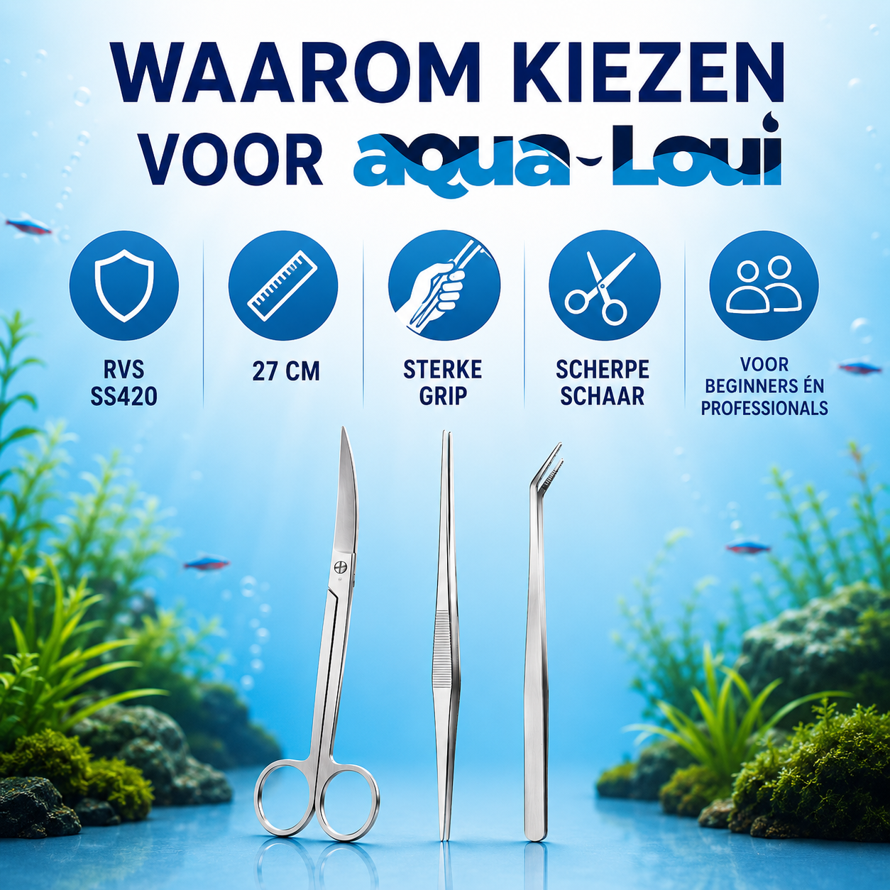 Aqua-Loui® - Aquarium Gereedschapset – 3-delig RVS – 2 Pincetten & Schaar – Voor Aquascaping en Plantenverzorging