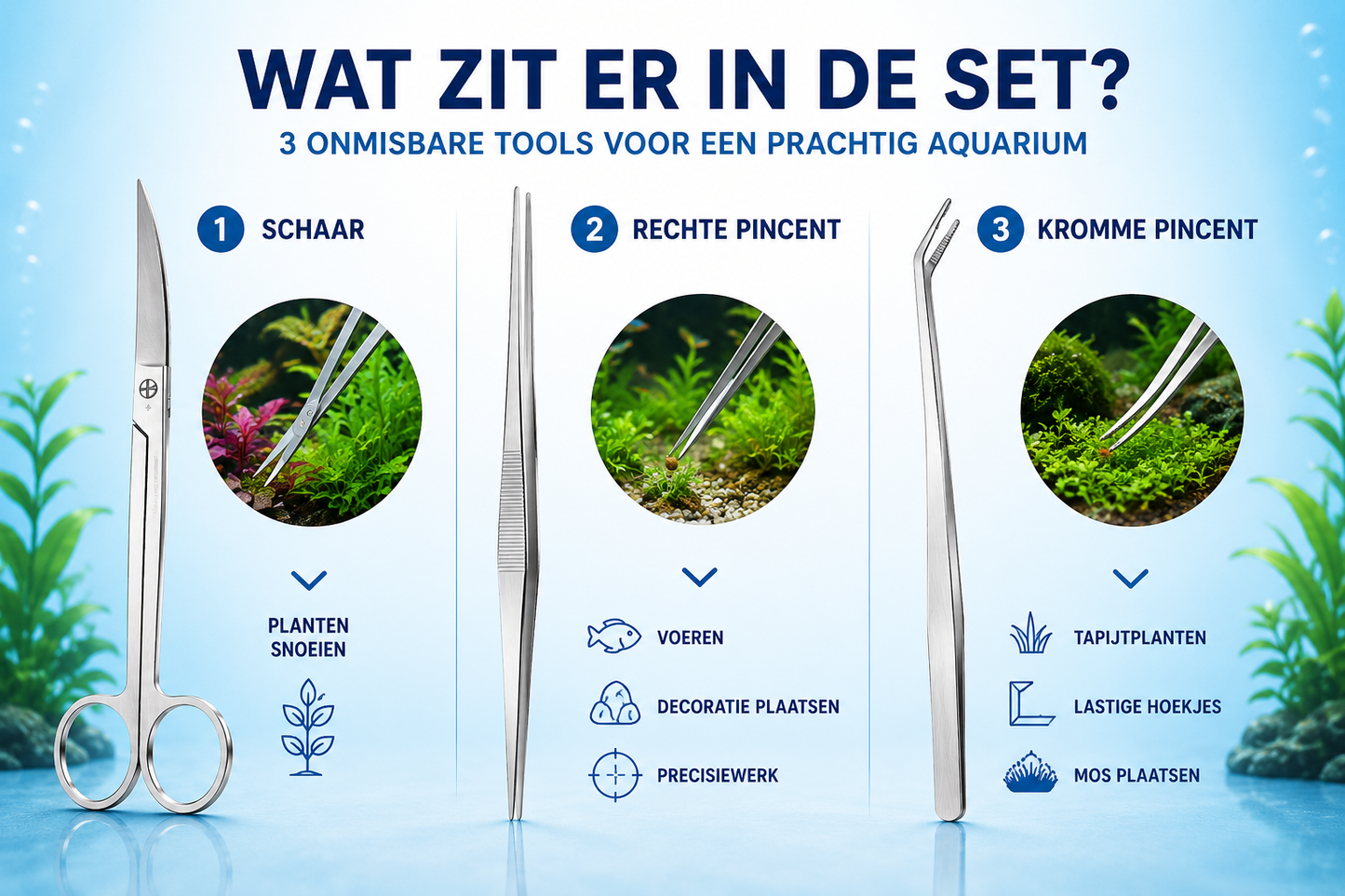 Aqua-Loui® - Aquarium Gereedschapset – 3-delig RVS – 2 Pincetten & Schaar – Voor Aquascaping en Plantenverzorging