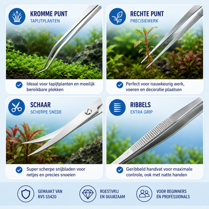 Aqua-Loui® - Aquarium Gereedschapset – 3-delig RVS – 2 Pincetten & Schaar – Voor Aquascaping en Plantenverzorging