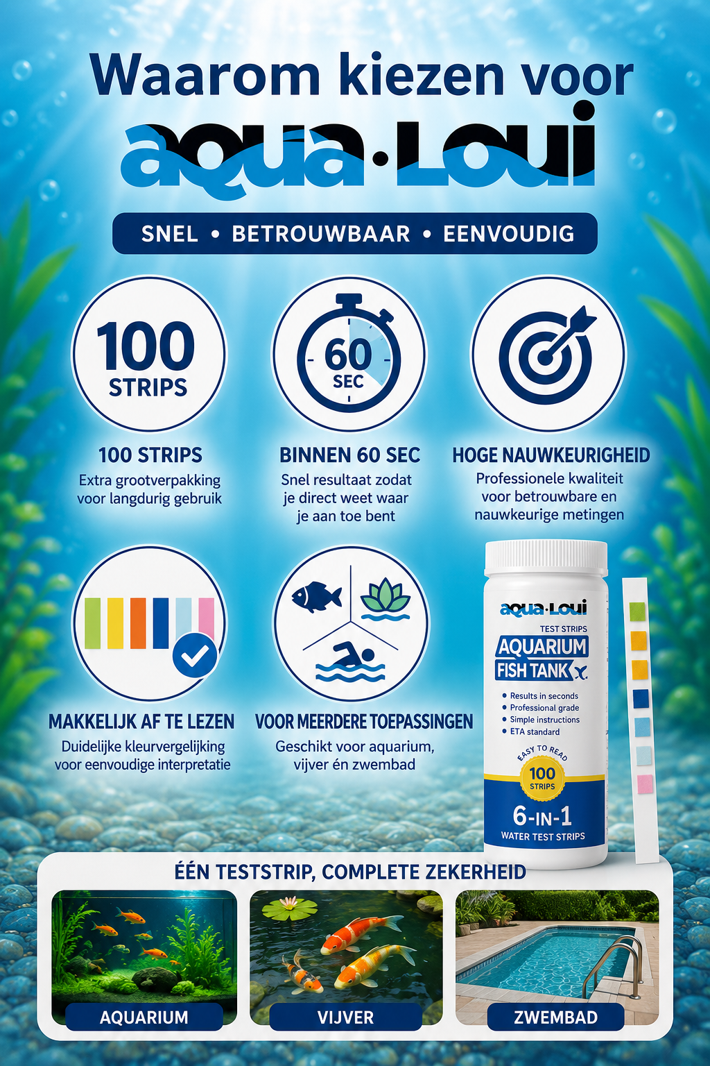 Aqua-Loui® - Water Teststrips - 100 Stuks - Test Strips Water - Water Test Strips Aquarium - Voor Aquarium & Zwembad - pH, GH, KH, Nitriet, Nitraat & Chloor - Complete Waterkwaliteitstest