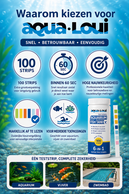 Aqua-Loui® - Water Teststrips - 100 Stuks - Test Strips Water - Water Test Strips Aquarium - Voor Aquarium & Zwembad - pH, GH, KH, Nitriet, Nitraat & Chloor - Complete Waterkwaliteitstest