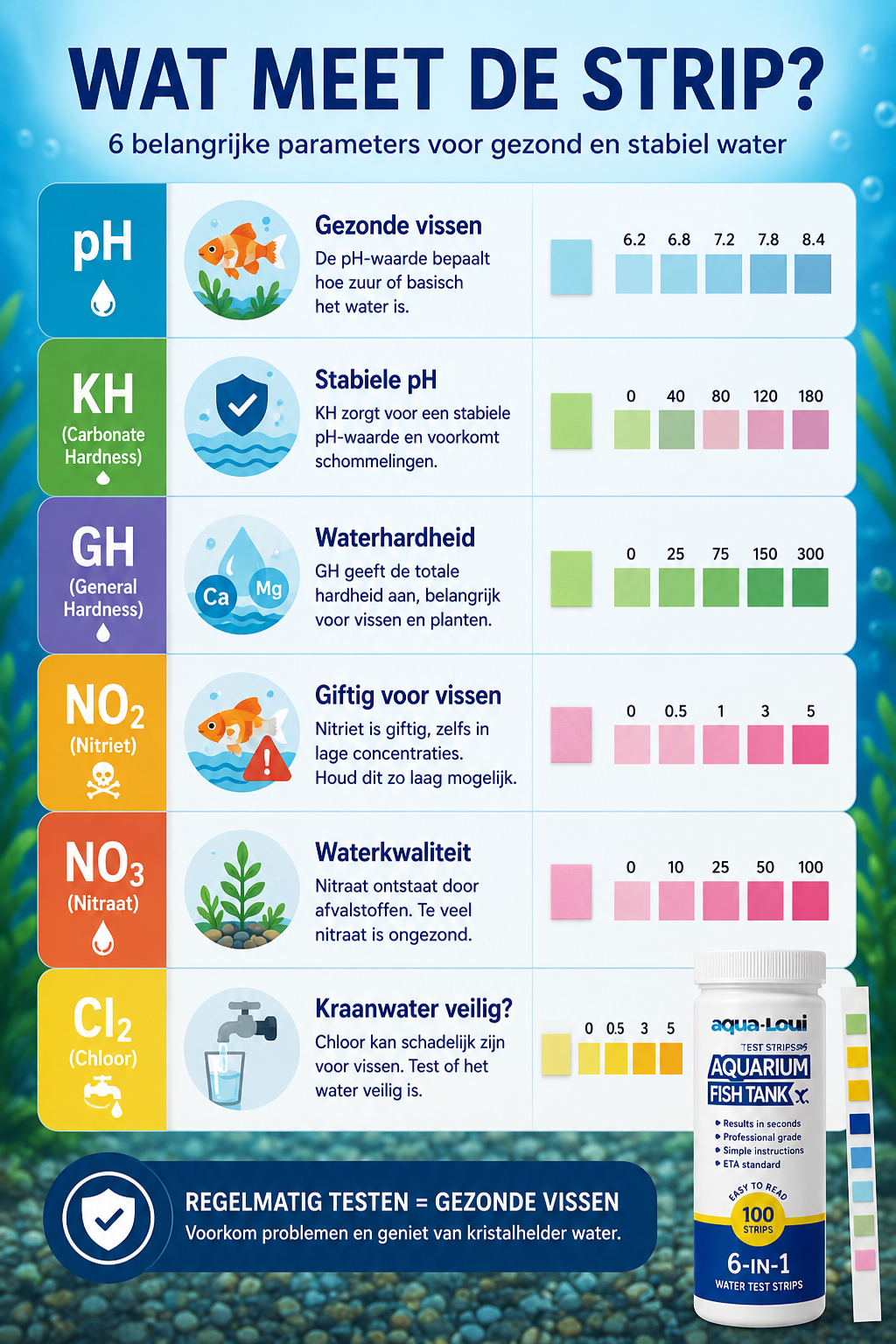 Aqua-Loui® - Water Teststrips - 100 Stuks - Test Strips Water - Water Test Strips Aquarium - Voor Aquarium & Zwembad - pH, GH, KH, Nitriet, Nitraat & Chloor - Complete Waterkwaliteitstest