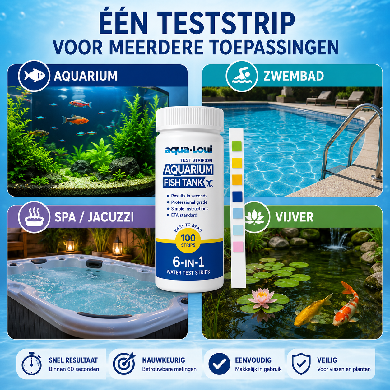 Aqua-Loui® - Water Teststrips - 100 Stuks - Test Strips Water - Water Test Strips Aquarium - Voor Aquarium & Zwembad - pH, GH, KH, Nitriet, Nitraat & Chloor - Complete Waterkwaliteitstest