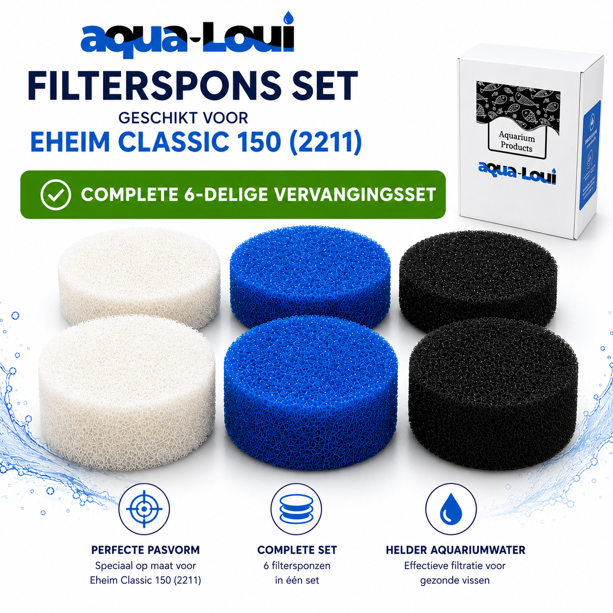 Aqua-Loui® - Filterspons Set Geschikt voor Eheim Classic 150 (2211) - Complete Vervangingsset - 2x Wit, 2x Blauw en 2x Zwart Koolstof Filterspons