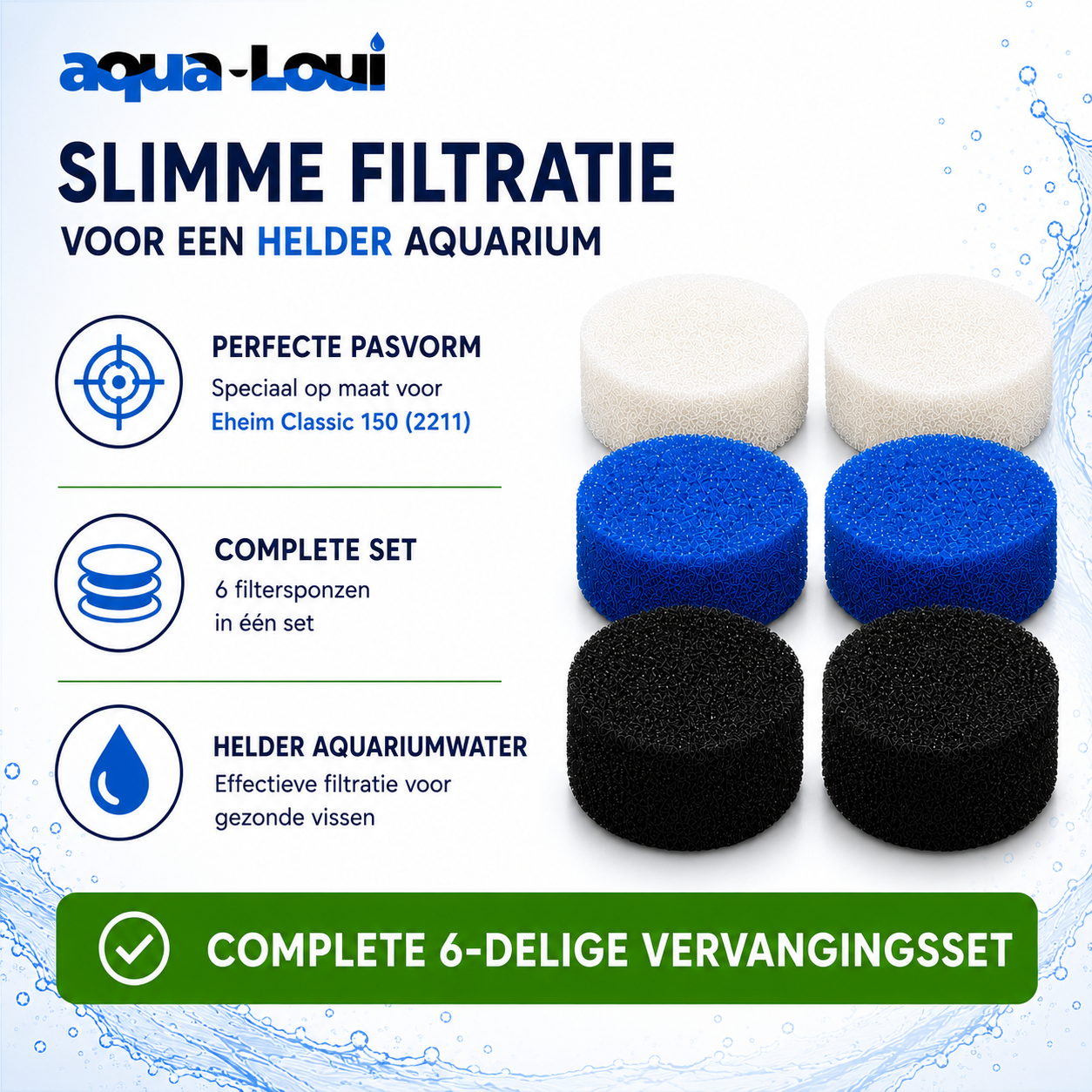 Aqua-Loui® - Filterspons Set Geschikt voor Eheim Classic 150 (2211) - Complete Vervangingsset - 2x Wit, 2x Blauw en 2x Zwart Koolstof Filterspons