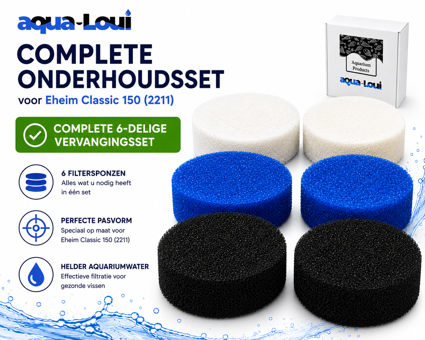 Aqua-Loui® - Filterspons Set Geschikt voor Eheim Classic 150 (2211) - Complete Vervangingsset - 2x Wit, 2x Blauw en 2x Zwart Koolstof Filterspons