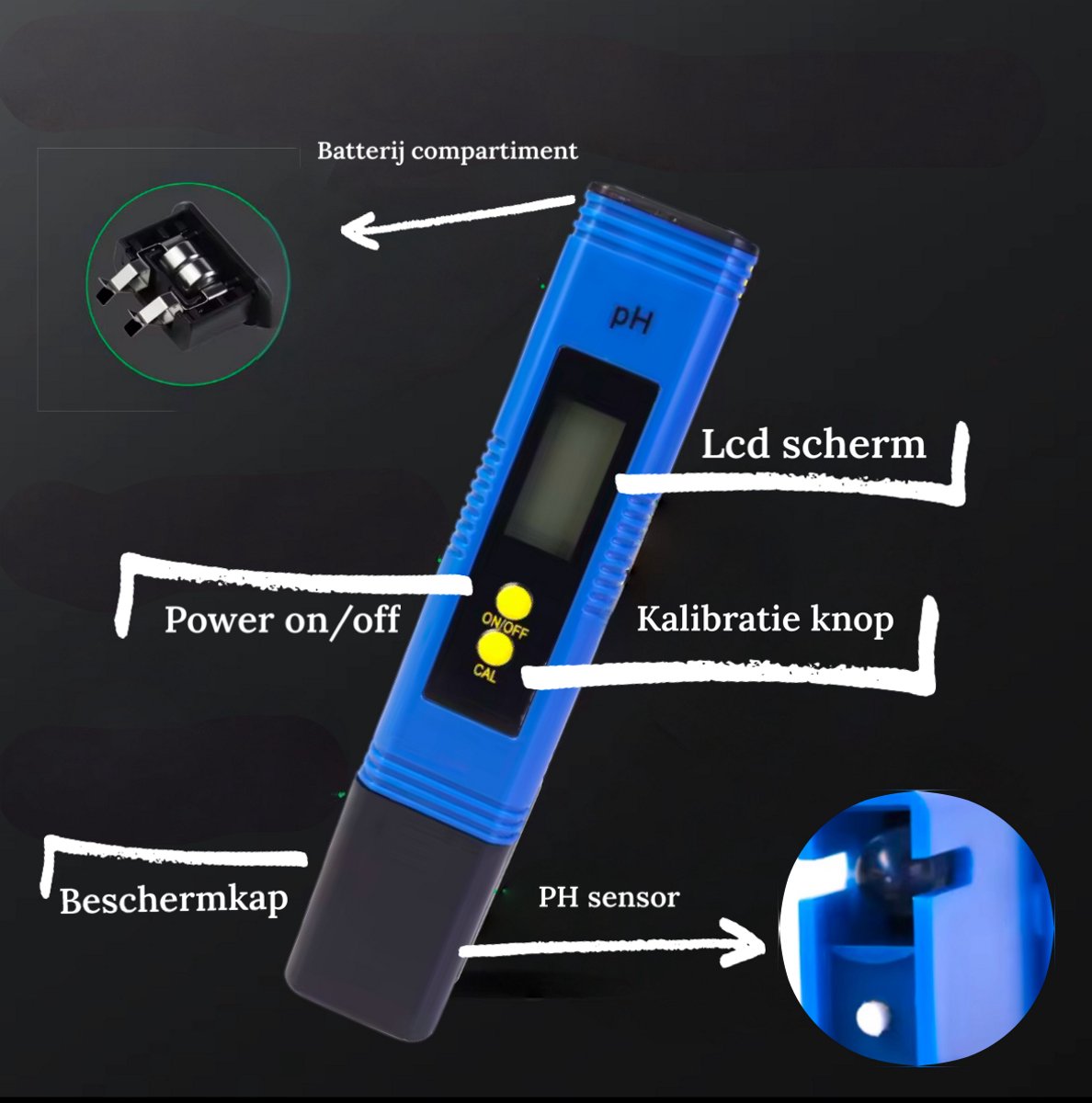 Aqua-Loui® - Digitale PH meter inclusief kalibratie & batterijen - Watertester - Geschikt voor: Zwembad/Aquarium/Grond voor planten