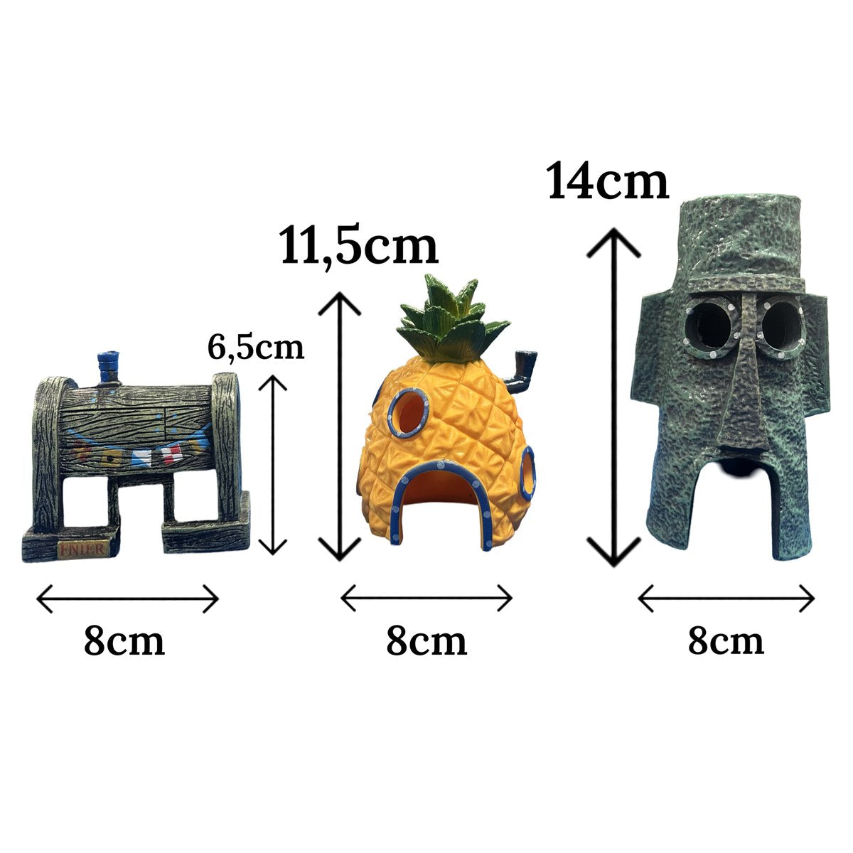 Aqua-Loui® - Aquarium Decoratie - Spongebob Ornamenten - Complete set van 3 huisjes en 6 poppetjes