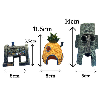 Aqua-Loui® - Aquarium Decoratie - Spongebob Ornamenten - Complete set van 3 huisjes en 6 poppetjes