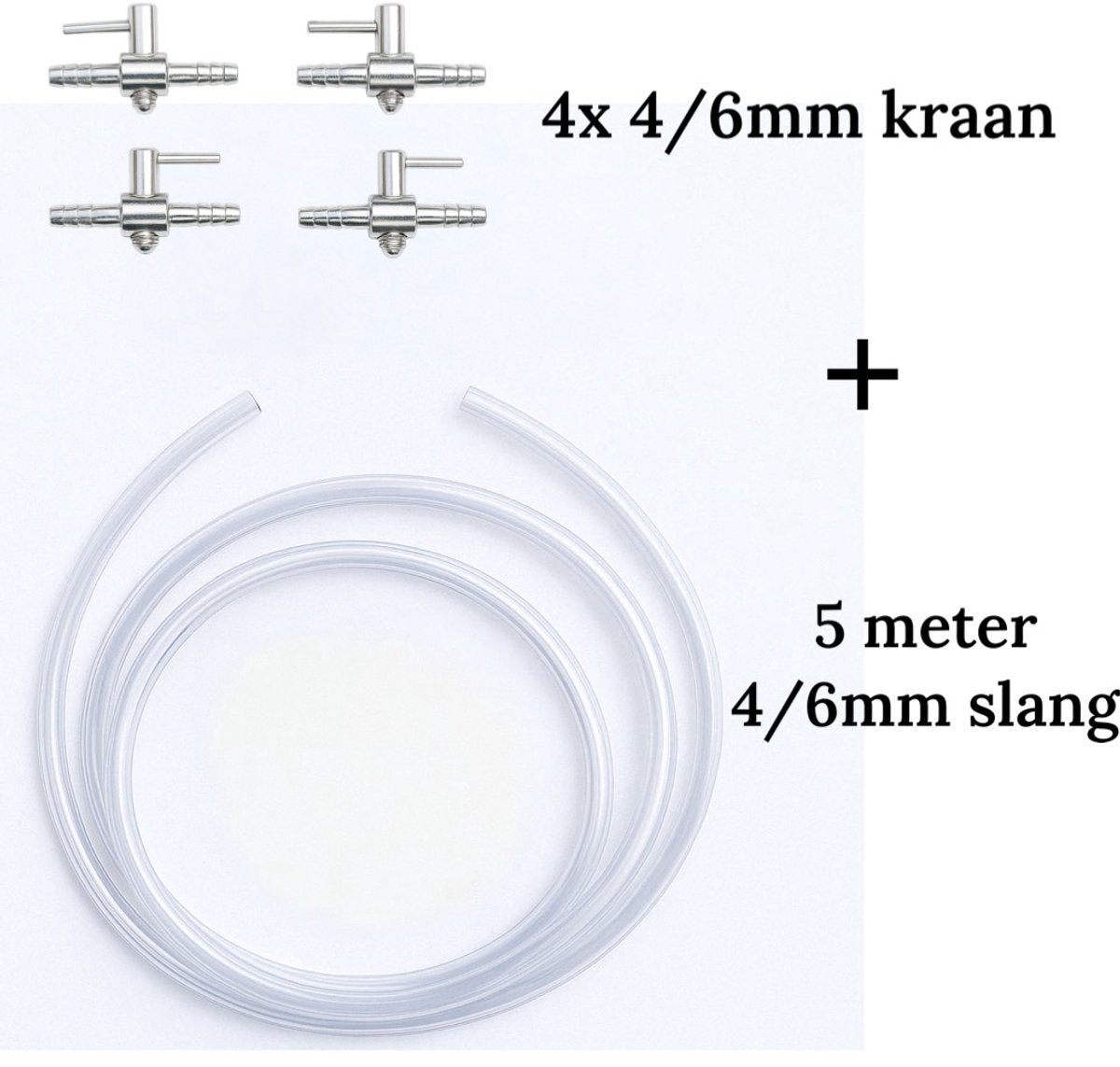 Aqua-Loui® - Luchtslang set - 5 Meter Luchtslang Ø 4/6 mm + 4 RVS metalen kranen - Transparant