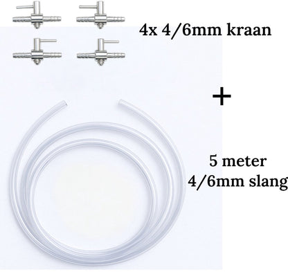 Aqua-Loui® - Luchtslang set - 5 Meter Luchtslang Ø 4/6 mm + 4 RVS metalen kranen - Transparant
